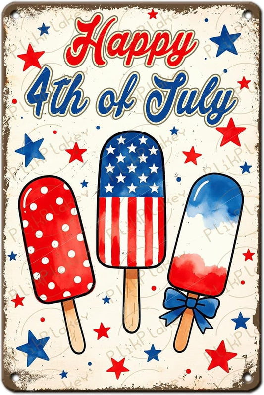 Patriotic 4th of July Tin Sign Happy Independence Day Popsicle Wall Art Vintage Retro Home Decor for Bar Living Room Bedroom Cafe Decoration 12x8 Inch