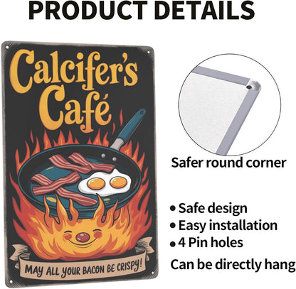 8x12 Inch Metal Sign Featuring Elegant Calcifers Cafe May All Your Bacon Be Crispy Funny Anime Kitchen Sign Decor With Distinctive Artistic Fonts For Residential Living Display