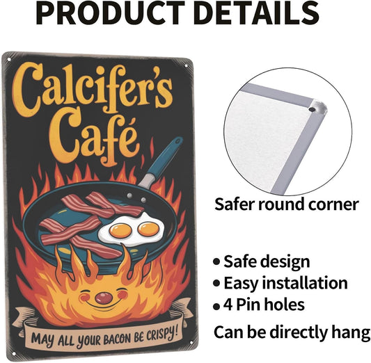 8x12 Inch Metal Sign Featuring Elegant Calcifers Cafe May All Your Bacon Be Crispy Funny Anime Kitchen Sign Decor With Distinctive Artistic Fonts For Residential Living Display