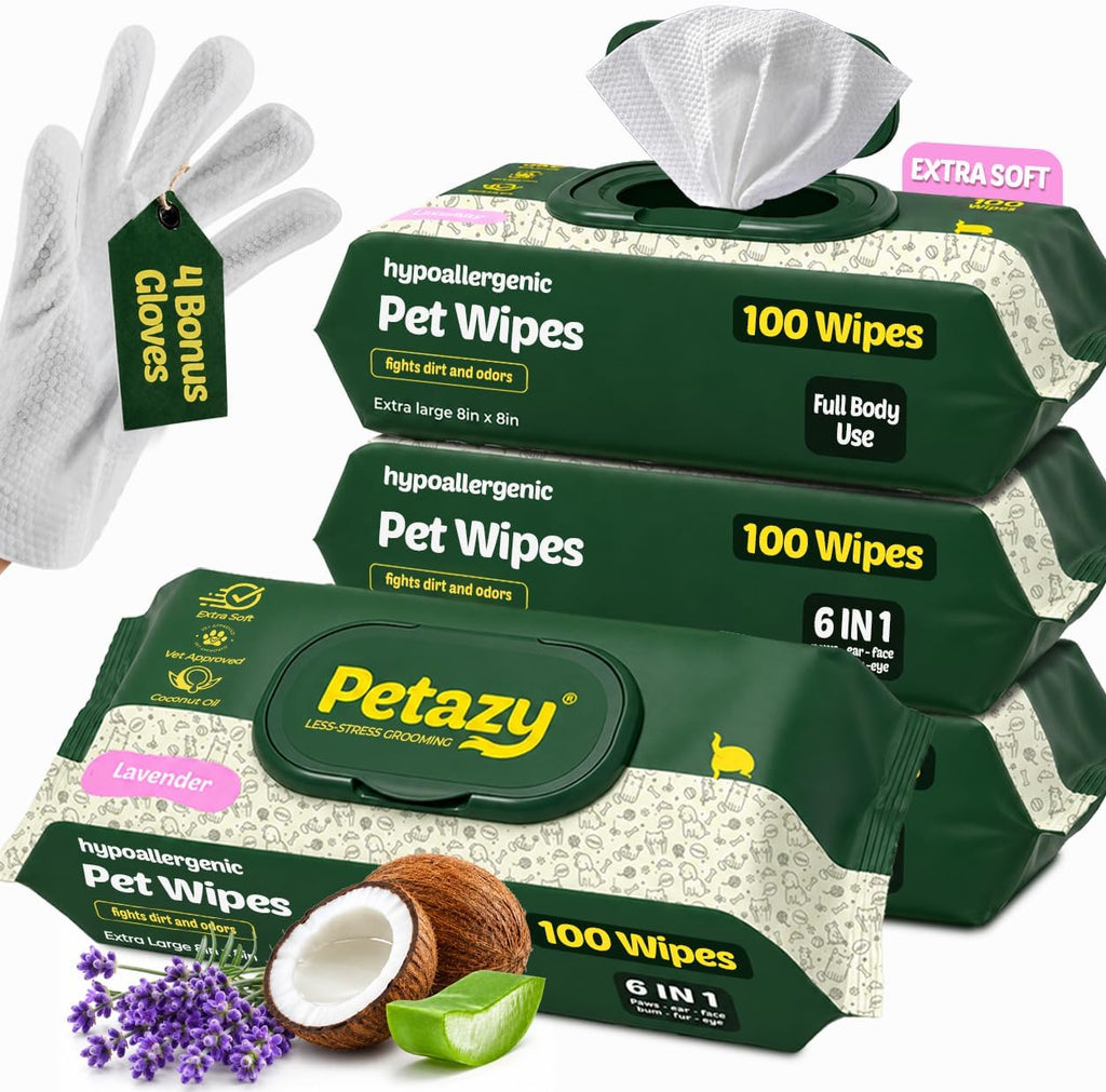 Petazy Pet Wipes for Dogs and Cats – 400 Count (8x8in) Hypoallergenic, Deodorizing Dog Wipes for Paws, Ears and Butt | XL with Aloe & Coconut Oil, Lavender Scented | Includes 4 Grooming Glove Wipes