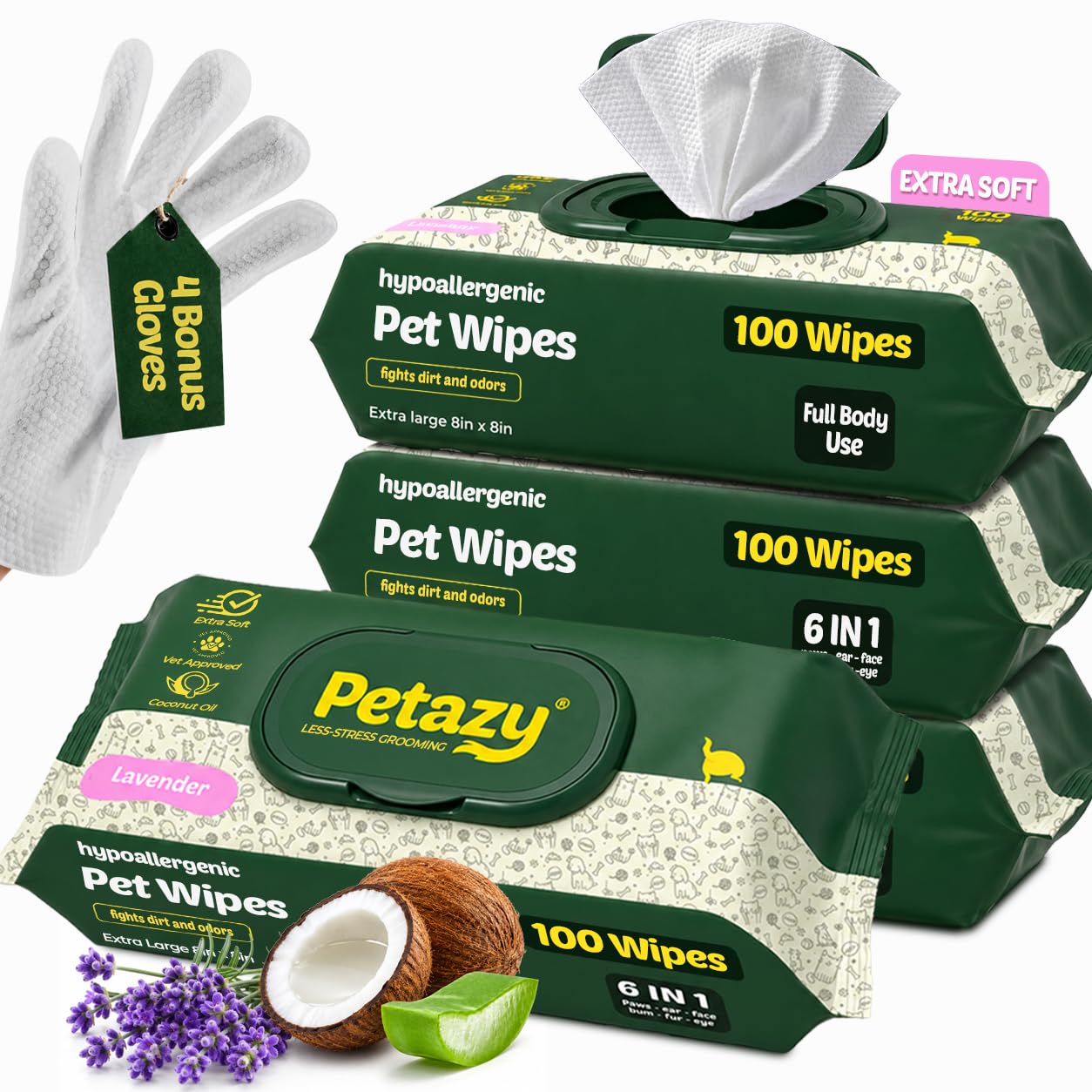 Petazy Pet Wipes for Dogs and Cats – 400 Count (8x8in) Hypoallergenic, Deodorizing Dog Wipes for Paws, Ears and Butt | XL with Aloe & Coconut Oil, Lavender Scented | Includes 4 Grooming Glove Wipes