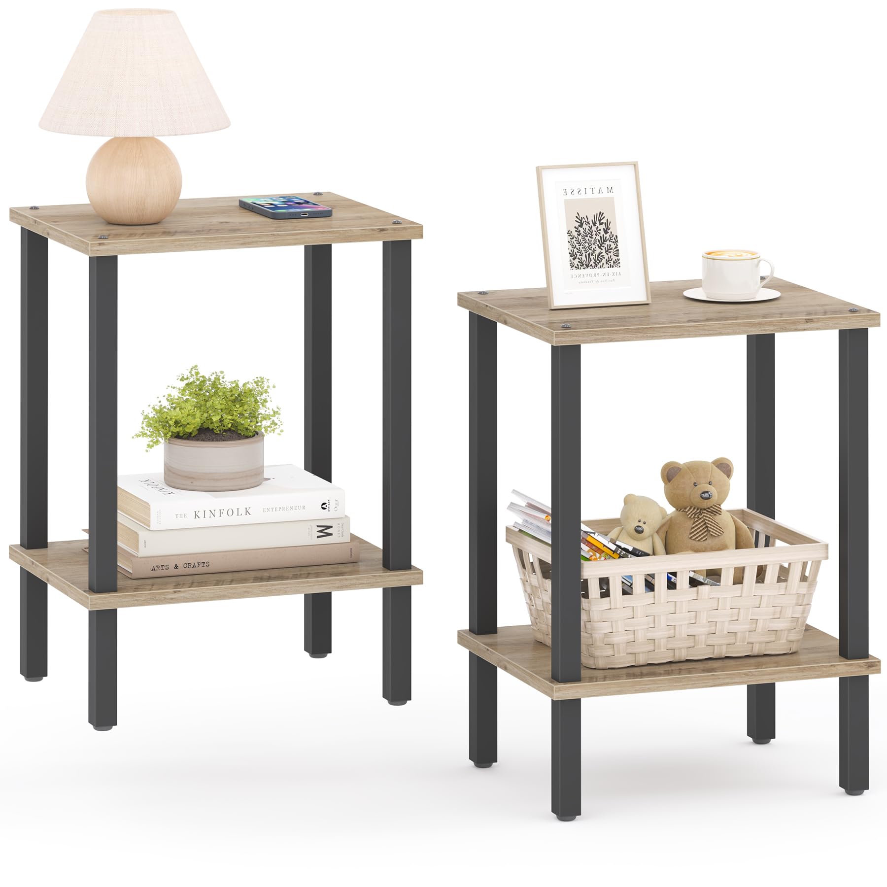 TUTOTAK End Table, Set of 2, Side Table, Nightstand, 2-Tier Storage Shelf, Sofa Table for Small Space, Living Room, Bed Room TB01BK035