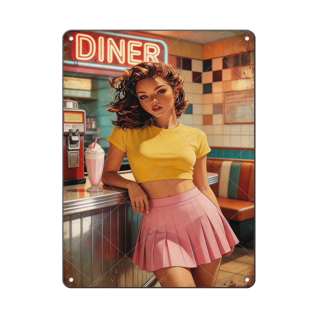 50s Pin up Girl Fishing Metal Tin Sign Open Fly Season Wall Decor Home Angler Cafes Lake House Seascape 12x8 Inch