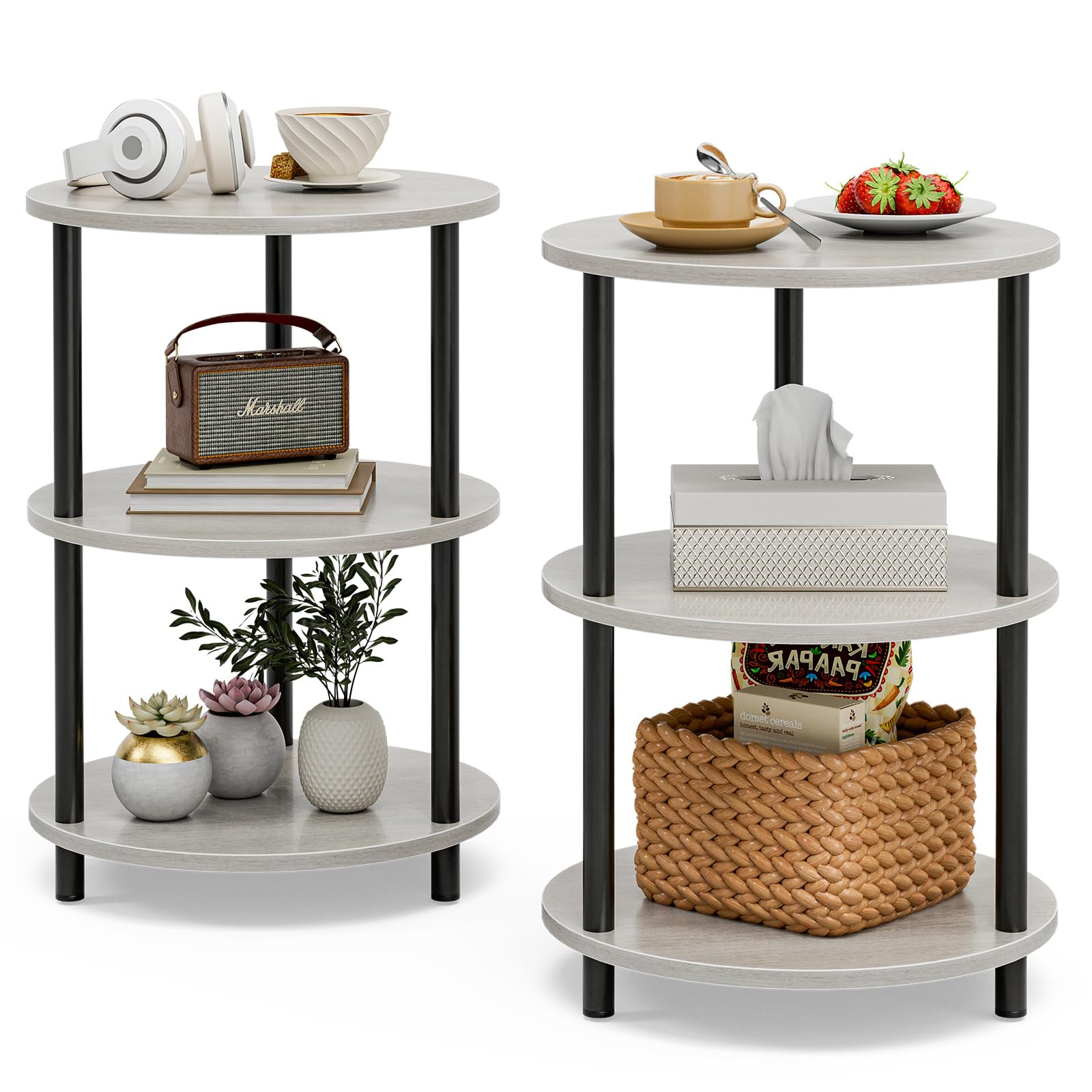 XBurmo Small Round Coffee Table - 3 Tier Design Accent Table, Narrow Side or Bedside Stand, Industrial Vintage Nightstand for Bedroom, Living Room, or Small Spaces, Rustic Brown