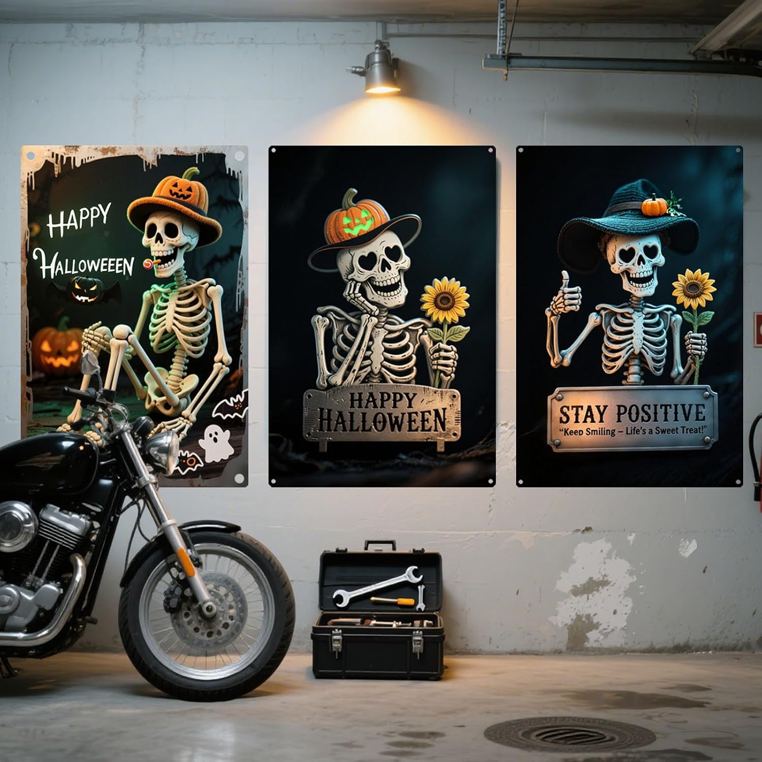 Vintage Stay Positive Sign, Vintage Metal Tin Sign - 8x12In Halloween Skull Decor Retro Wall Art Indoor Outdoor for Living Room Bedroom Office Bar Garage Man Cave Decor Ideal Gift for Housewarming Birthday