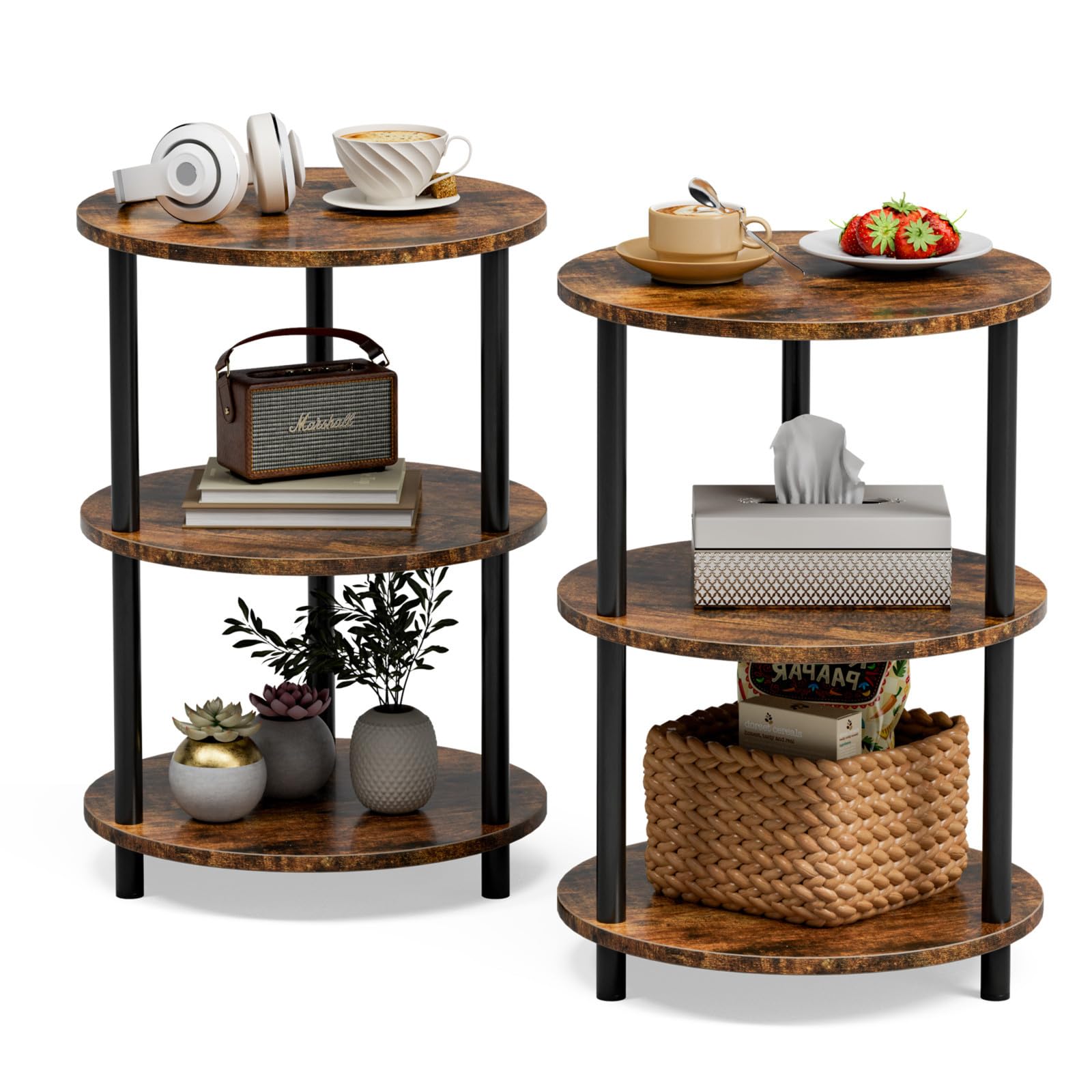 XBurmo Small Round Coffee Table - 3 Tier Design Accent Table, Narrow Side or Bedside Stand, Industrial Vintage Nightstand for Bedroom, Living Room, or Small Spaces, Rustic Brown