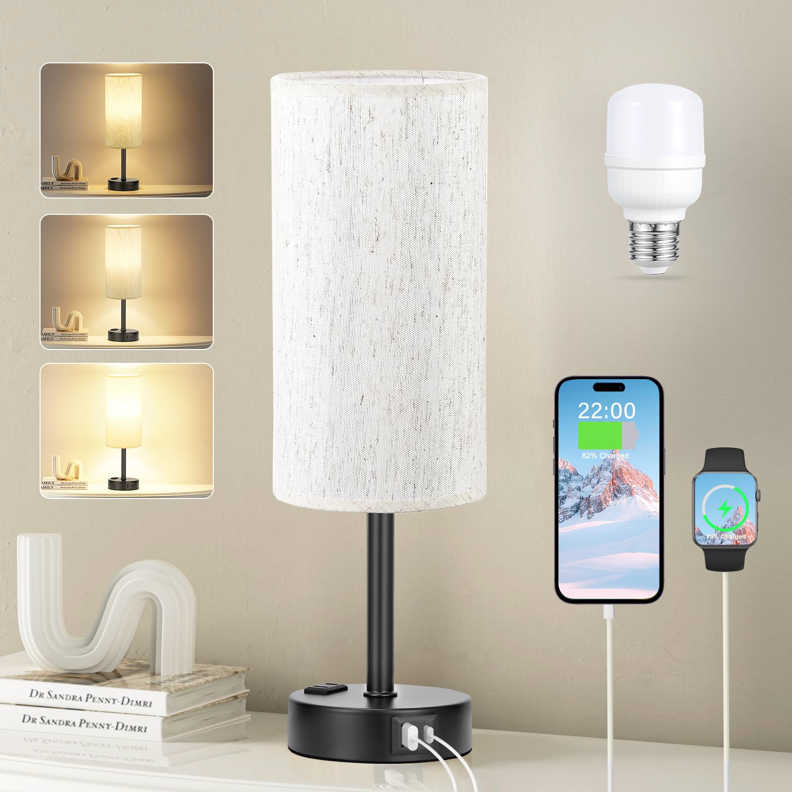Fenmzee Bedside Table Lamp for Bedroom - 3 Way Dimmable Touch Lamp USB C Charging Ports and AC Outlet, Small Lamp Wood Base Round Flaxen Fabric Shade for Living Room, Desk, LED Bulb Included