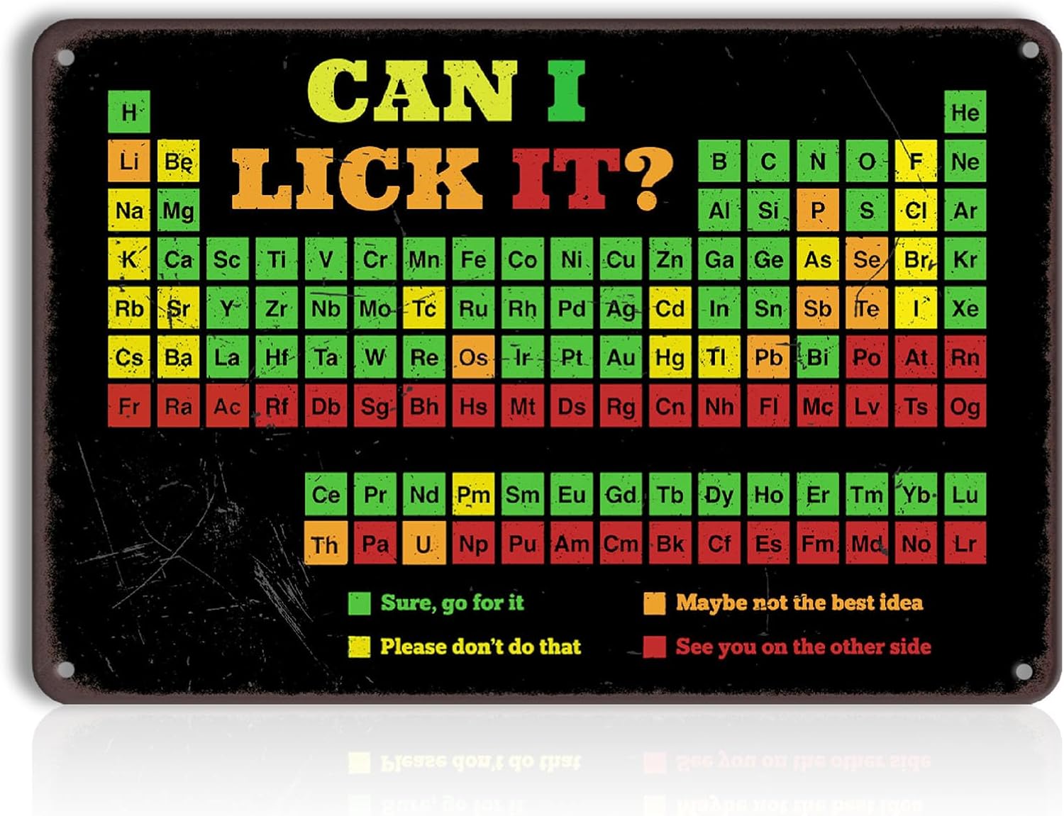 Can I Lick It Periodic Table Metal Sign - Funny Chemistry Science Humor Wall Decor for Classroom, Men Office, Nerd Gift, Tin Poster 8x12 Inch