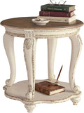 Signature Design by Ashley Realyn Round End Table, Cottage-Style Side Table with Antiqued Two-Tone Finish, Wood & Veneer Construction for Living Room or Bedroom, White/Brown