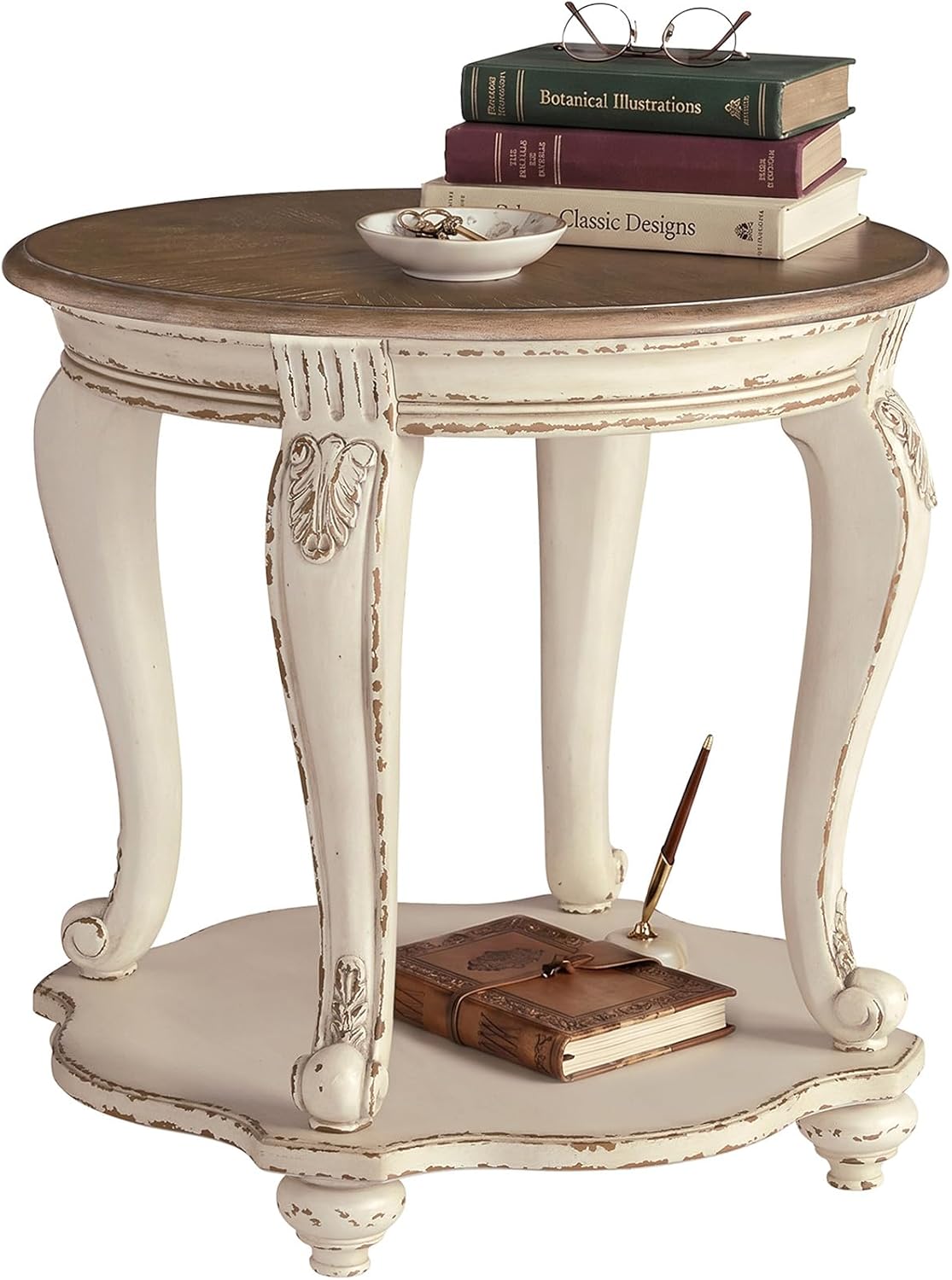 Signature Design by Ashley Realyn Round End Table, Cottage-Style Side Table with Antiqued Two-Tone Finish, Wood & Veneer Construction for Living Room or Bedroom, White/Brown
