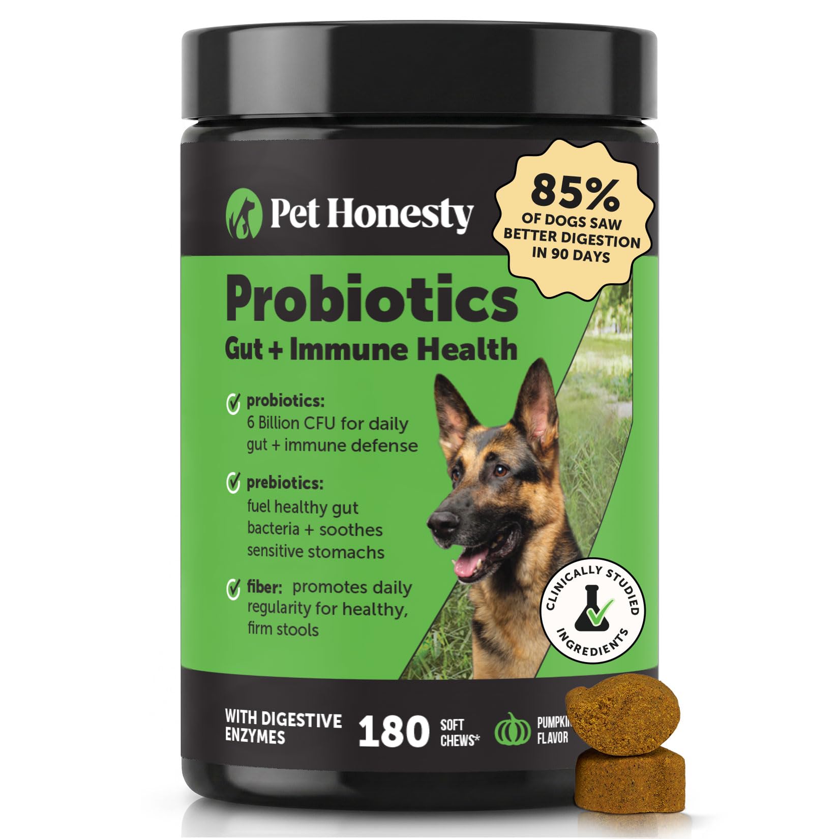 6 Billion CFU Dog Probiotics with Prebiotics, Digestive Enzymes, & Fiber - Relief for Occasional Diarrhea, Gas, Bloating & Itchy Skin - Daily Gut Health & Immune Support for All Dogs (Duck, 90 Ct)
