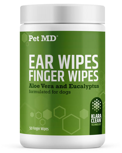 Pet MD Dog Ear Cleaning Wipes - with Eucalyptus & Aloe Vera for Dogs - 50ct | Extra-Coverage and Large Design - Alcohol-Free Pet Ear Cleaning Finger Wipes to Remove Dirt, Debris, and Wax