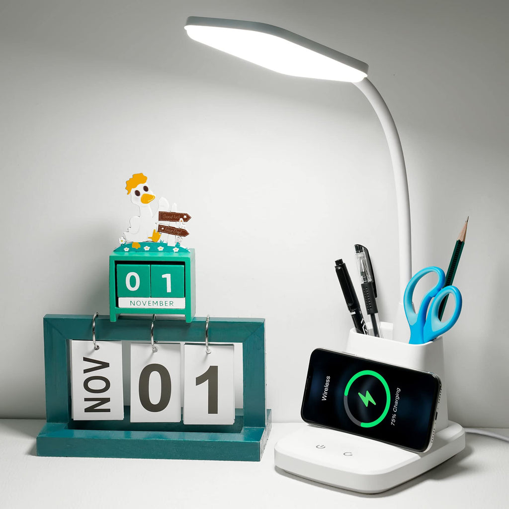 Desk Lamp, LED Desk Lamps for Home Office, Wireless Charger Small Desk Lamp with Pen Holder, 3 Color Modes, Dimmable, CRI 85, 800LM, Study Lamps for College Dorm Room, Adapter Included, Black