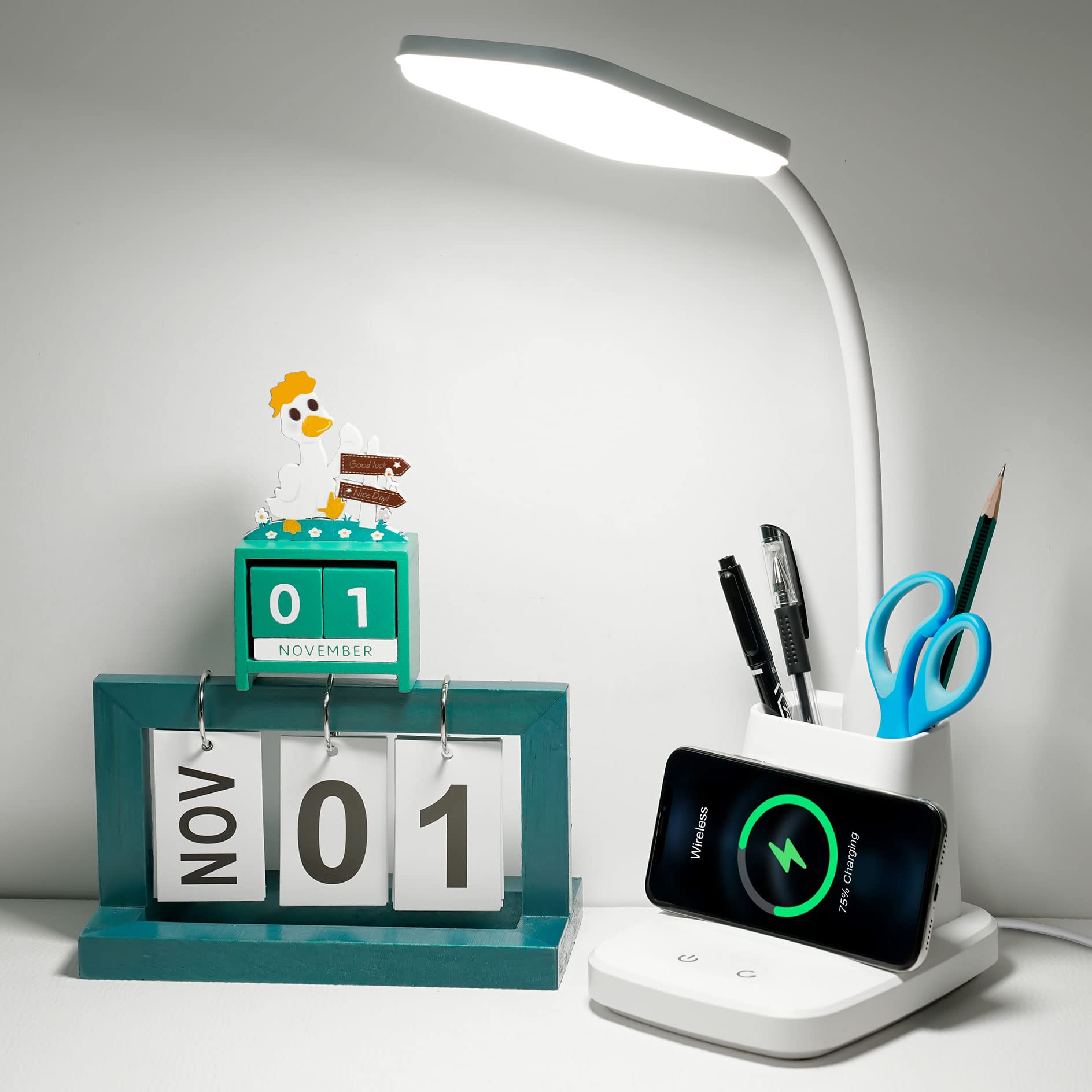 Desk Lamp, LED Desk Lamps for Home Office, Wireless Charger Small Desk Lamp with Pen Holder, 3 Color Modes, Dimmable, CRI 85, 800LM, Study Lamps for College Dorm Room, Adapter Included, Black