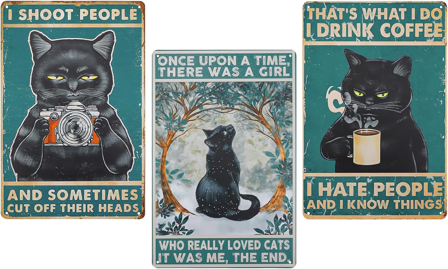 3PCS Vintage Metal Tin Sign Black Cat, Metal Retro Funny Cat Poster Art Decor Home Bar Coffee Wall 8x12 inch (Black Cat 03)