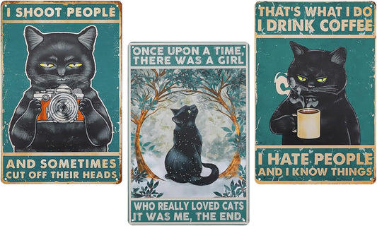 3PCS Vintage Metal Tin Sign Black Cat, Metal Retro Funny Cat Poster Art Decor Home Bar Coffee Wall 8x12 inch (Black Cat 03)