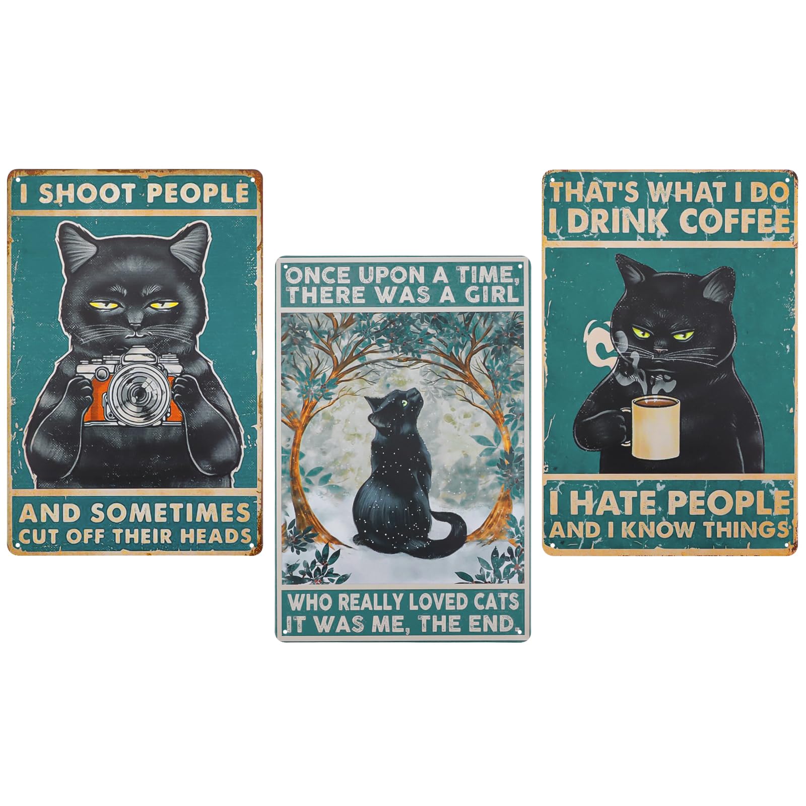 3PCS Vintage Metal Tin Sign Black Cat, Metal Retro Funny Cat Poster Art Decor Home Bar Coffee Wall 8x12 inch (Black Cat 03)