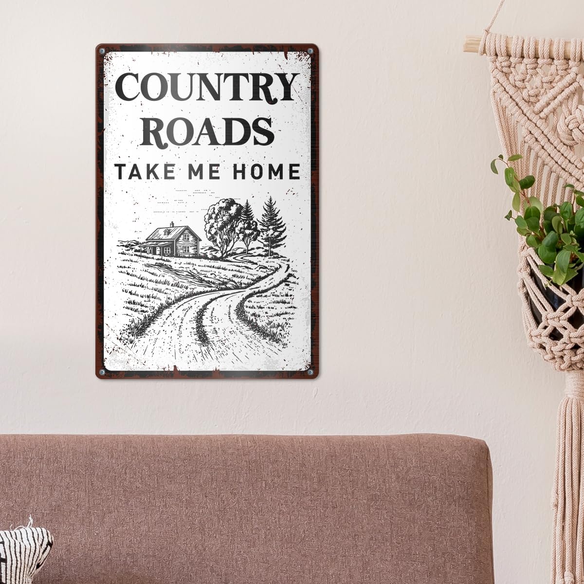 Country Roads Take Me Home Metal Tin Sign, Rustic Farmhouse Wall Decor, Vintage Country Road Sign for Living Room Porch Deck Garden, Rural Home Decoration, 12x8 Inch