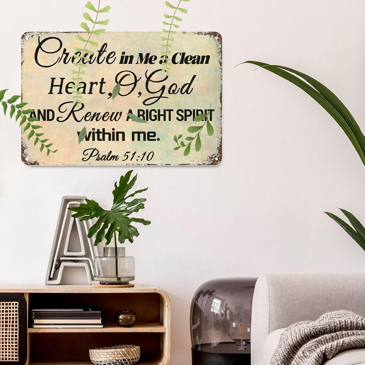 Psalm 51：10 Metal Tin Sign Bible Verse Metal Sign Art Decor - Christian Wall Art Faith Metal Tin Sign Prayer Religious Sign for Home Decor 8x12 Inch