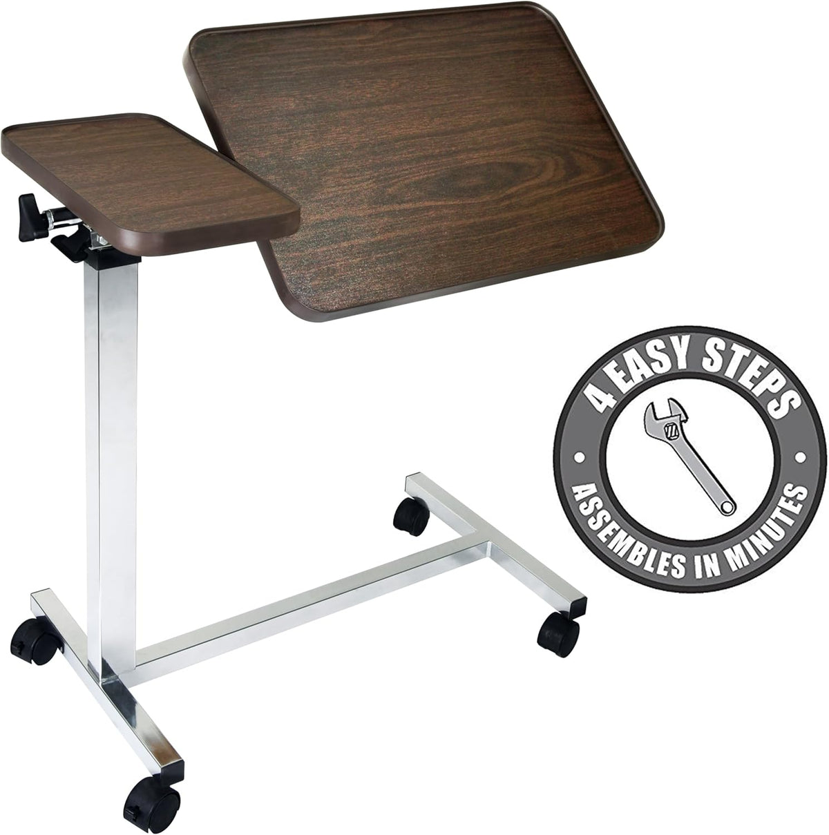 Vaunn Medical Pneumatic Adjustable Tilt Overbed Bedside Table with Wheels for Hospital and Home Use