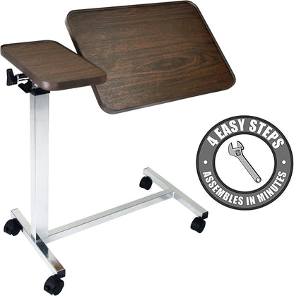 Vaunn Medical Pneumatic Adjustable Tilt Overbed Bedside Table with Wheels for Hospital and Home Use