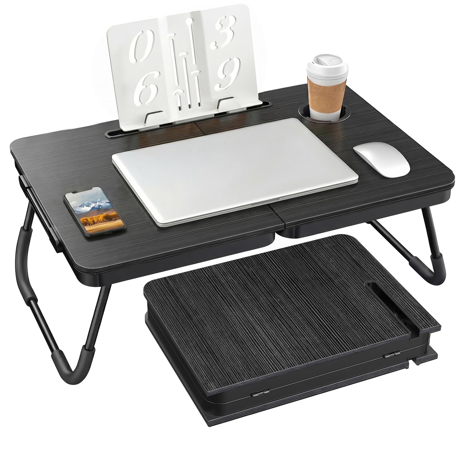 BUYIFY Foldable Laptop Bed Desk for Couch, Sofa - Large Lap Desk Tray Table with Cup Holder and Tablet Slot - Portable Notebook Stand for Eating, Writing, Studying and WFH -NEW-006-USA Original Patent