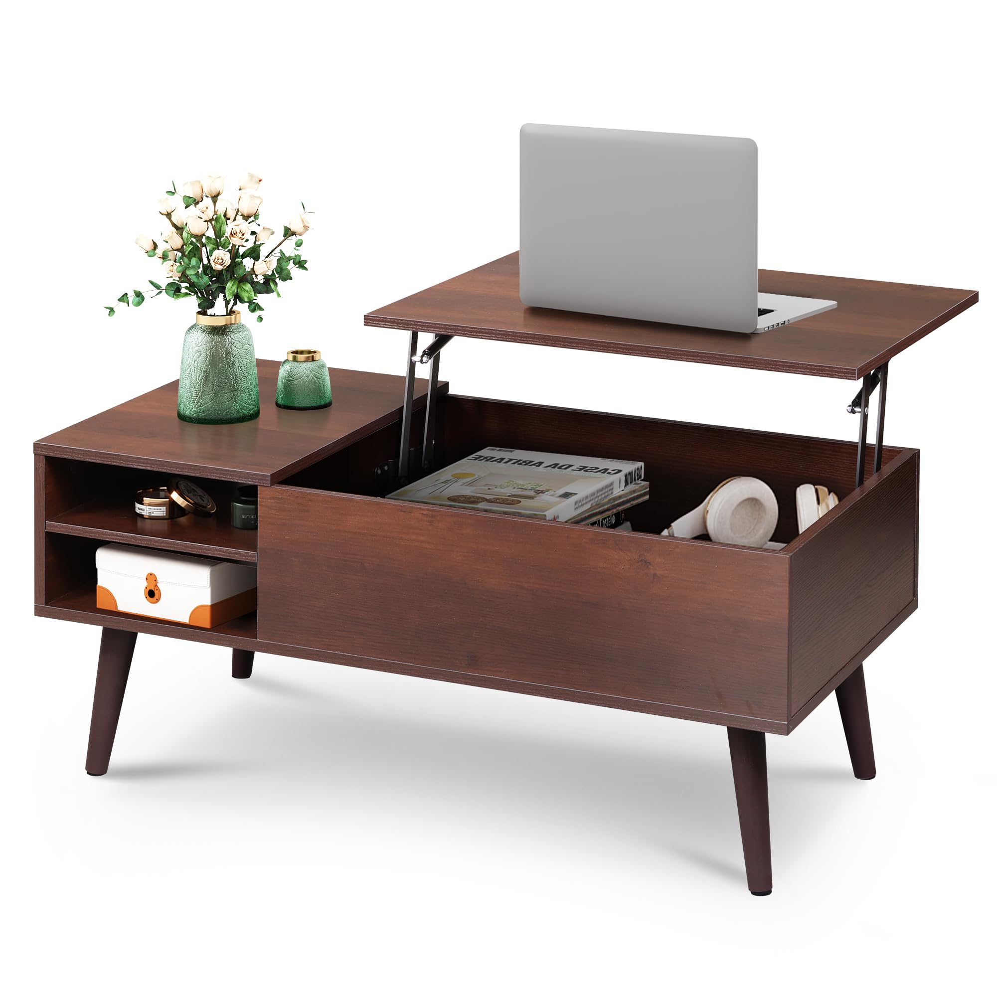 WLIVE Coffee Table with Lifting Top, Hidden Storage & Adjustable Shelf for Living Room Small Space, Multifunctional Rising Wooden Center Table, Mid Century Modern Tables for Home Dining Office, Brown