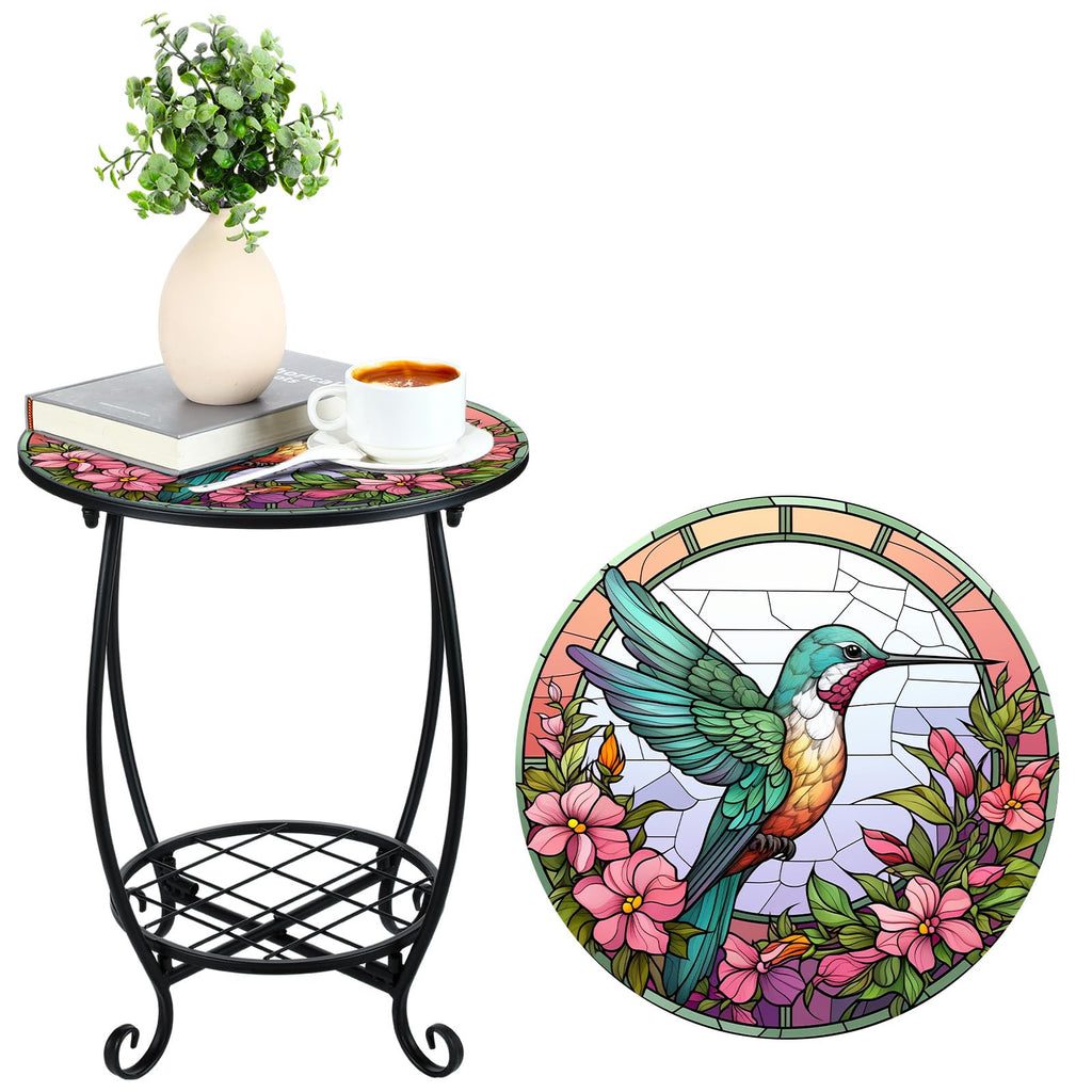 Cinnvoice Outdoor Side Table Round Small Mosaic Patio Accent Indoor End Plant Coffee Tea Table for Yard Patio Porch Garden Living Room, Bedroom(Butterfly Style,14 Inch)