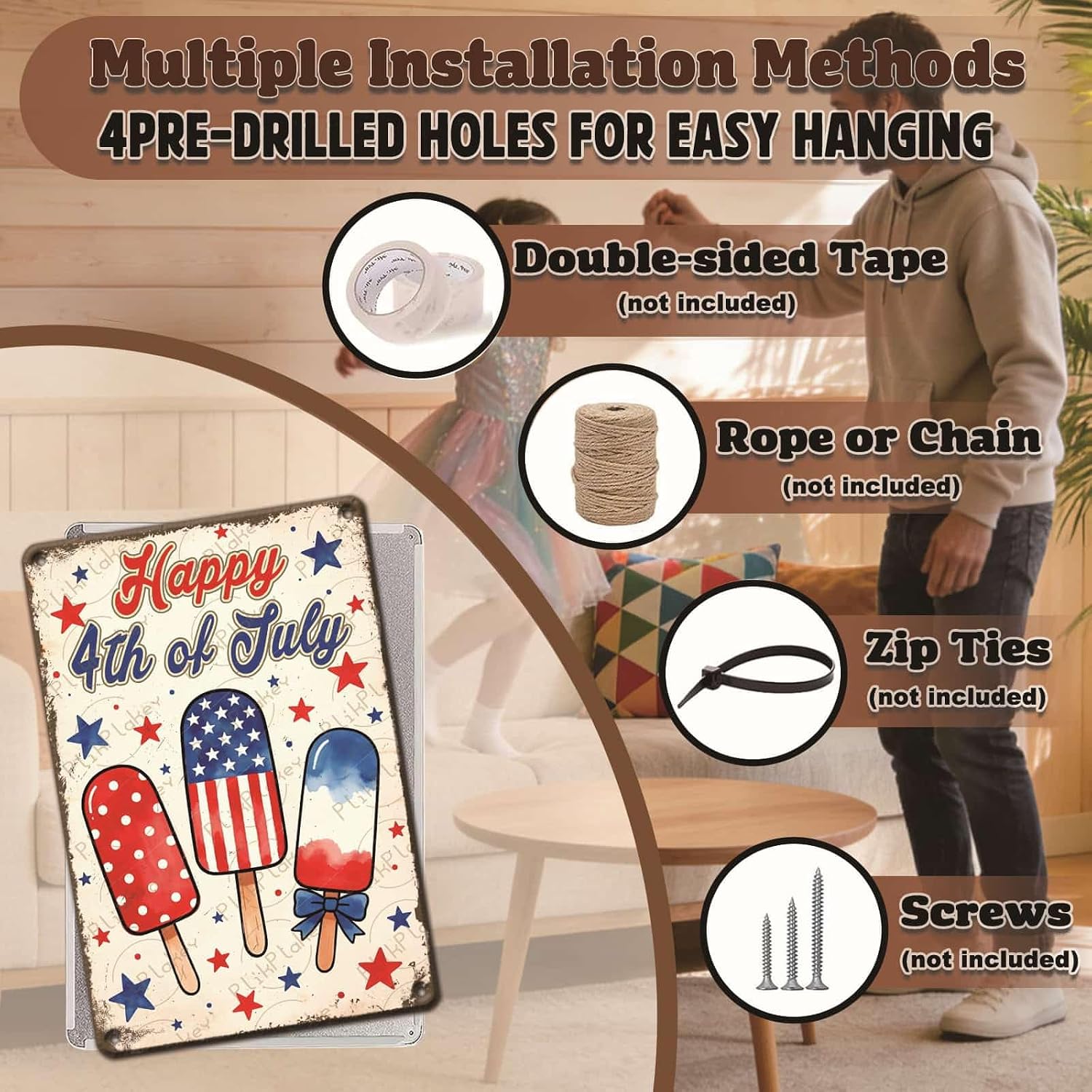Patriotic 4th of July Tin Sign Happy Independence Day Popsicle Wall Art Vintage Retro Home Decor for Bar Living Room Bedroom Cafe Decoration 12x8 Inch