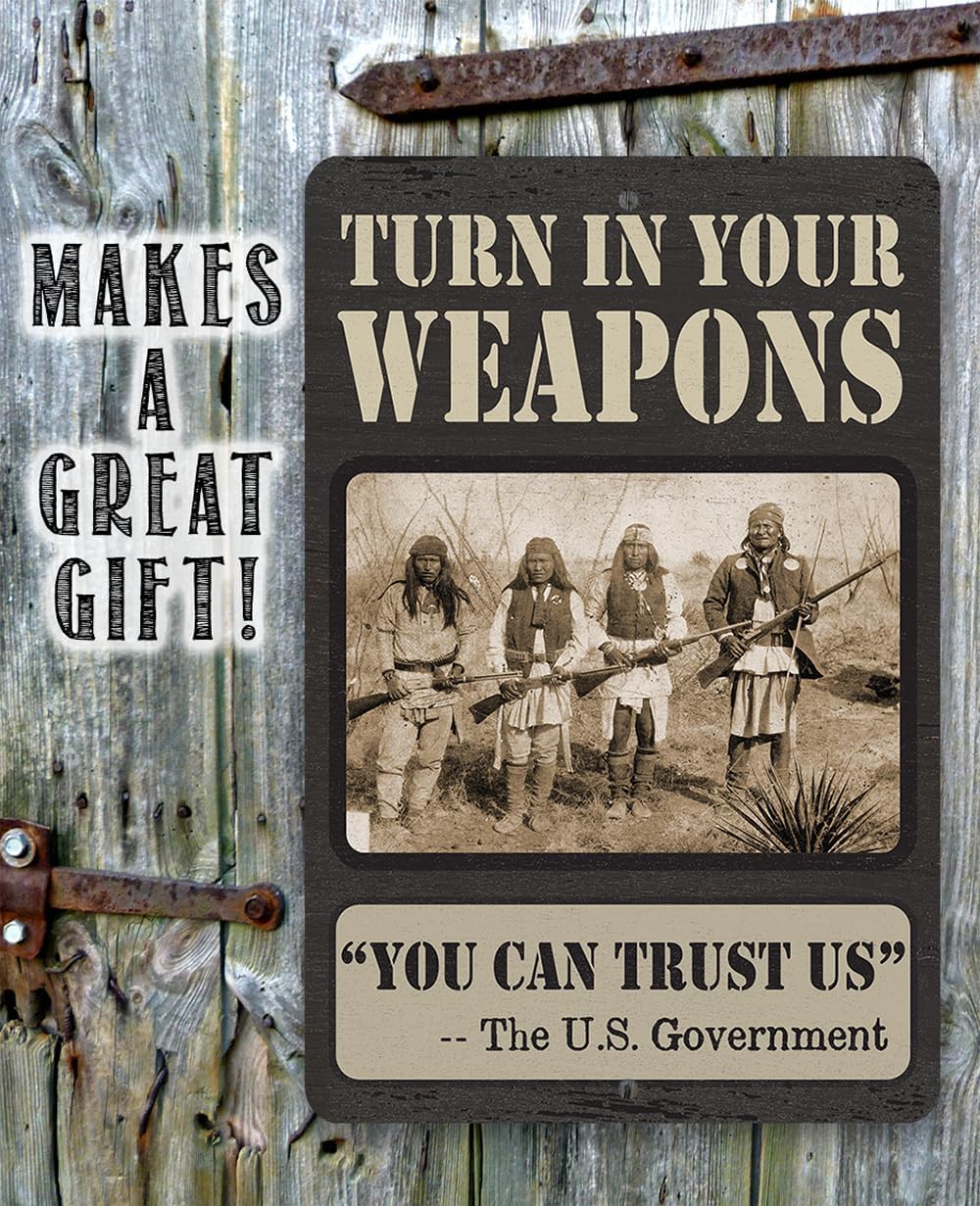 Turn In Your Weapons - Pro-Gun Humor: Durable Metal Sign with Wood-Like Finish - Vintage Design for Home, Bar, Man Cave Decor - Ideal Gift for Gun Enthusiasts (8" x 12")