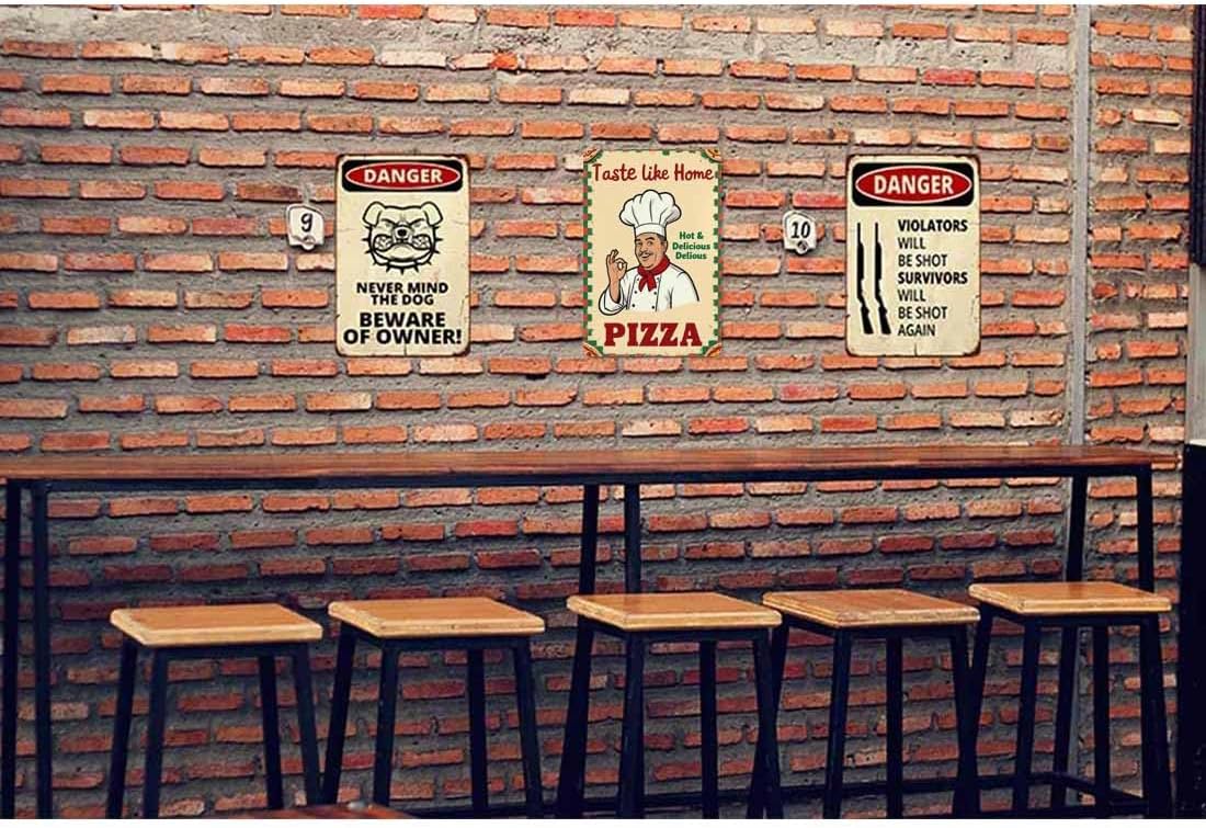 AOYEGO Pizza Poster Tin Sign,Italian Chef Kissing Fingers with Taste Like Home Pizza Vintage Metal Tin Signs for Cafes Bars Pubs Shop Wall Decorative Funny Retro Signs for Men Women 8x12 Inch