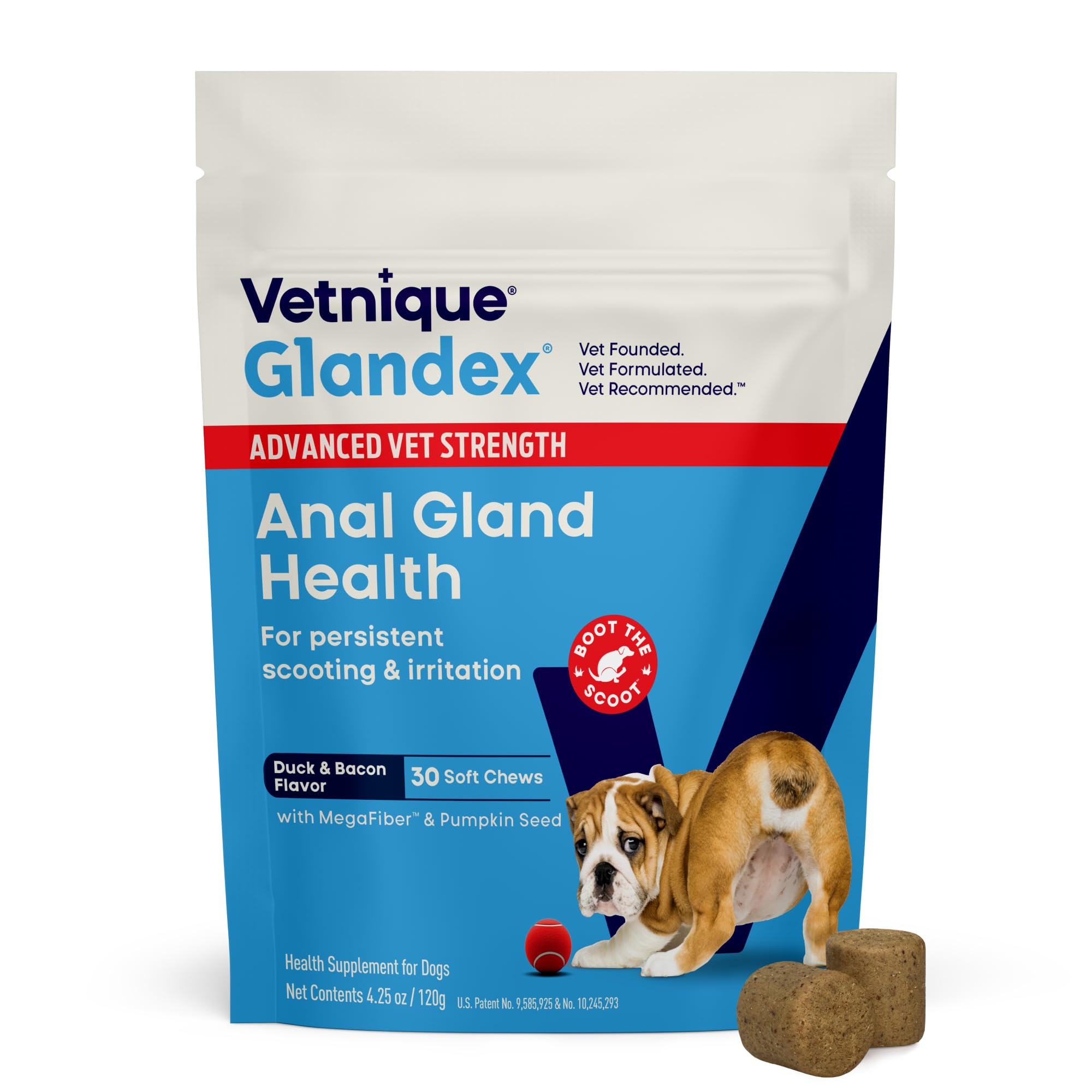 Vetnique Glandex Anal Gland Soft Chew Treats with Pumpkin for Dogs Digestive Enzymes, Probiotics Fiber Supplement for Dogs Boot The Scoot (Advanced Strength Duck/Bacon, 60 Ct)