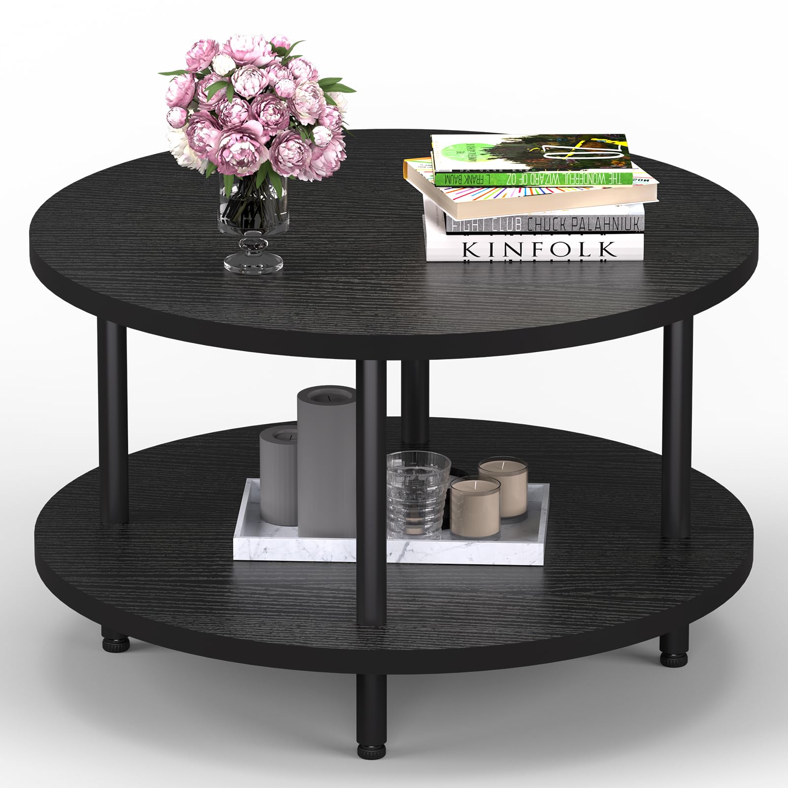 FAMIDGE Coffee Table, 23.6" Coffee Tables for Living Room, Round Coffee Table with Metal Frame, Floor Table for Sitting on The Floor, Home, Office, Black