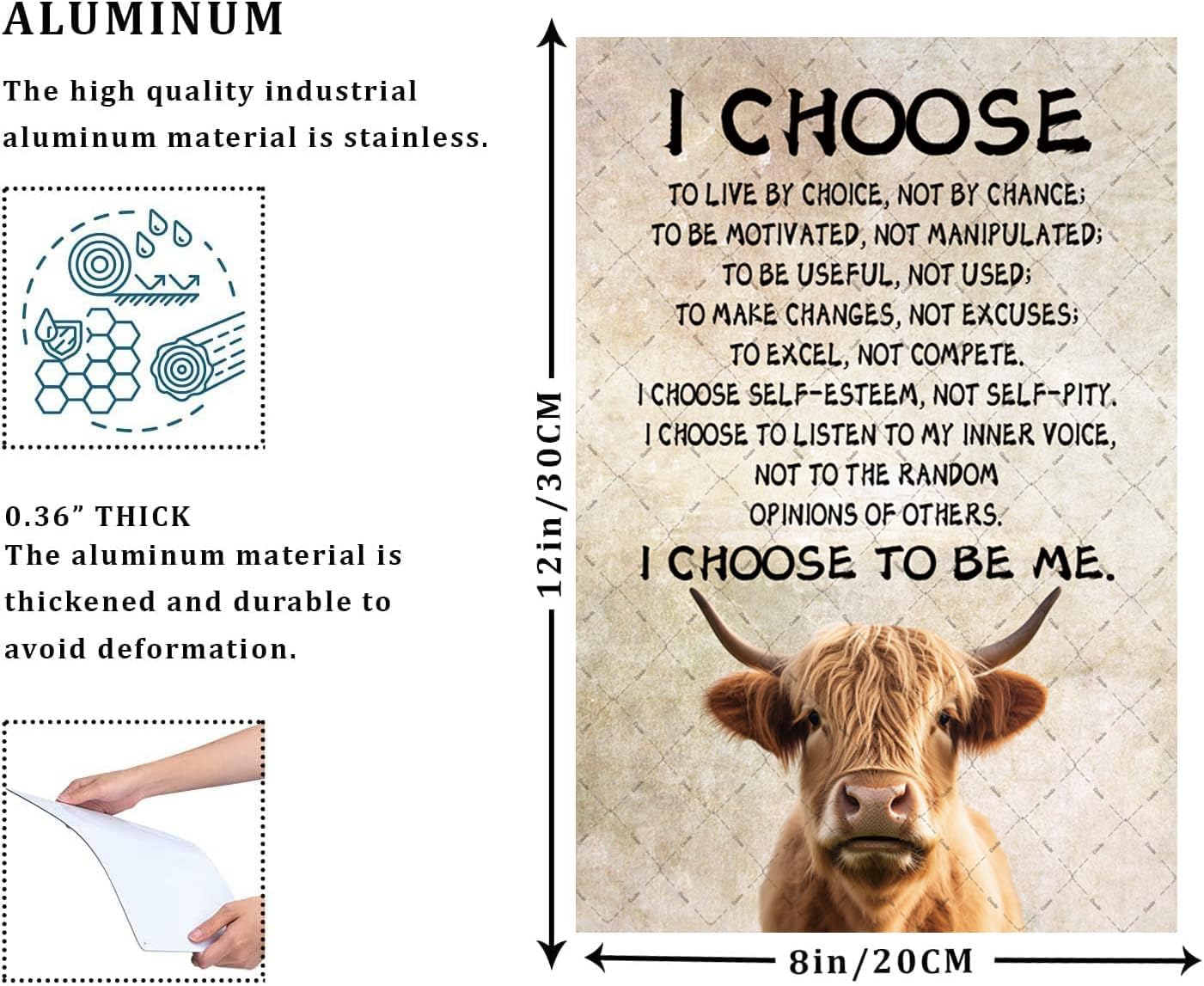 Cusde Highland Cow Metal Tin Sign I Choose To Be Me Wall Decor Motivational Inspirational Quotes Wall Art Retro Decor Vintage Decoration Posters Gifts for Bar Pub Bedroom Living Room 12x8 Inches