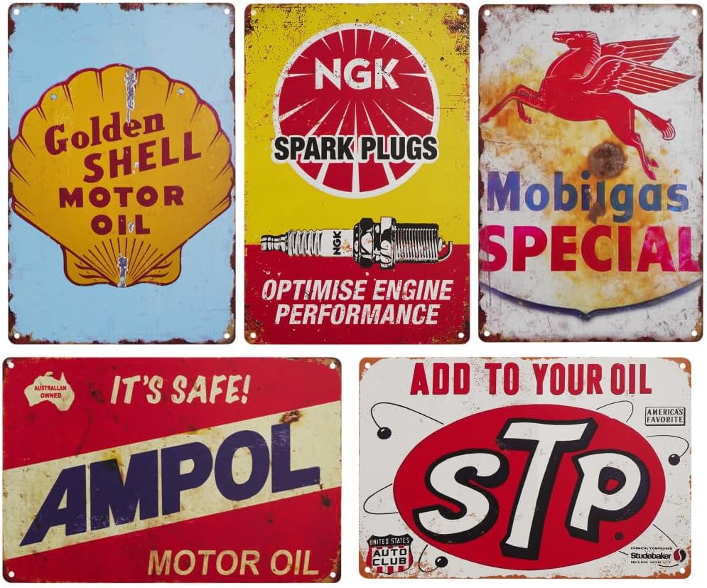 Vintage Tin Signs, Set of 5, Motor Oil and Automotive Advertisements, Metal, 8 x 12 Inches (Yellow)