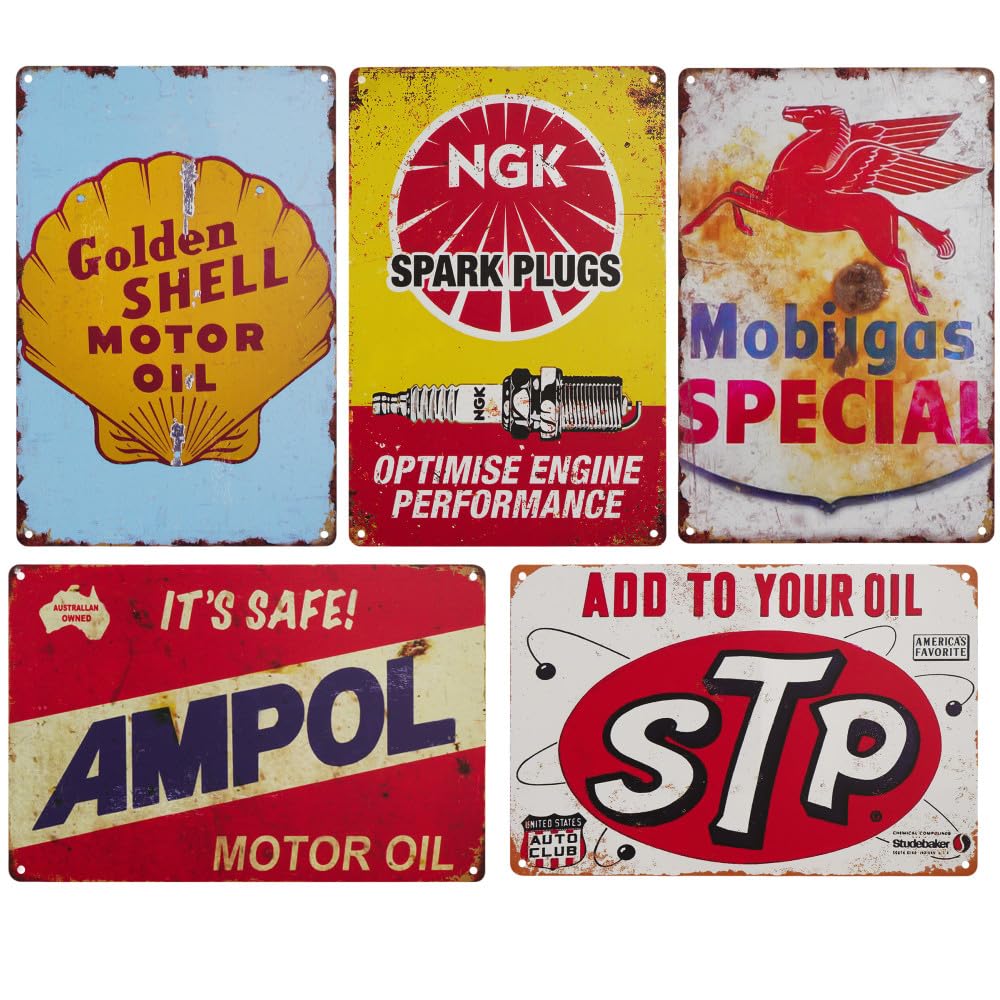 Vintage Tin Signs, Set of 5, Motor Oil and Automotive Advertisements, Metal, 8 x 12 Inches (Yellow)
