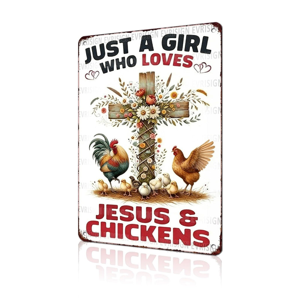 Funny Chicken Faith & Farmhouse Gifts Just A Girl Who Loves Jesus&Chickens Vintage Tin Sign for Farm Kitchen Garden or Cottage Wall 8x12Inch