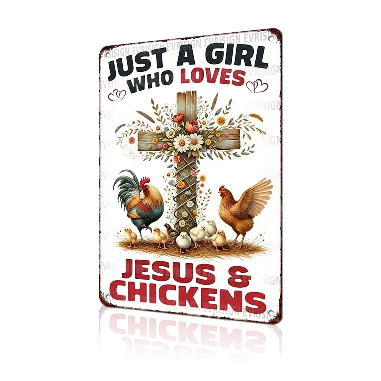Funny Chicken Faith & Farmhouse Gifts Just A Girl Who Loves Jesus&Chickens Vintage Tin Sign for Farm Kitchen Garden or Cottage Wall 8x12Inch