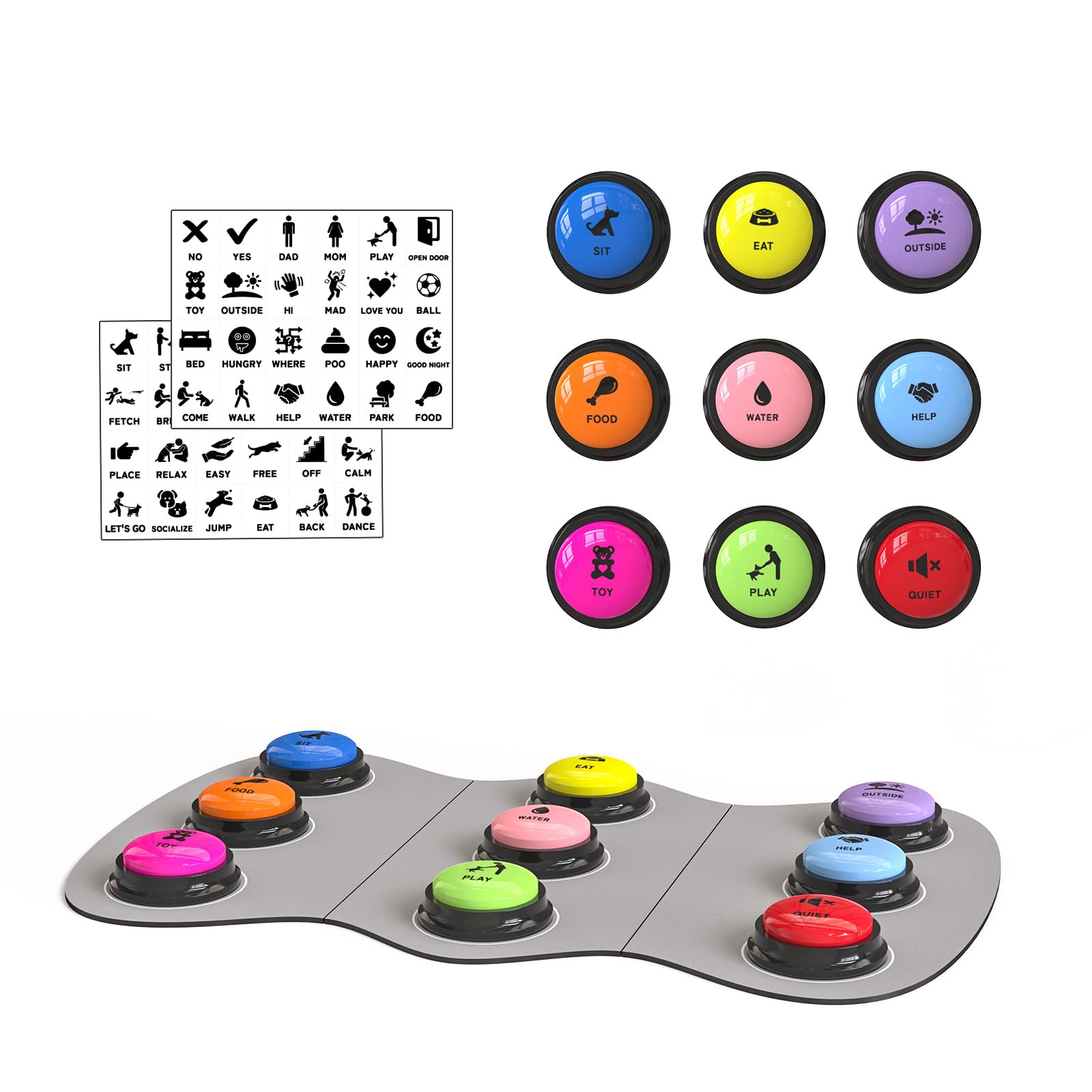 Acools Dog Buttons for Communication, 4 Dog Talking Button Set, Speaking Buttons for Cats and Dogs, 30s Voice Recordable Pet Training Buzzer with Waterproof Dog Activity Mat and 48 Scene Stickers