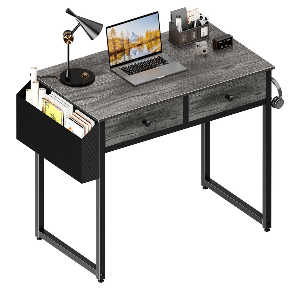 Lufeiya Small Computer Desk with 2 Drawers for Bedroom, 31 Inch Home Office Desk with Storage Fabric Drawer and Bag, Study Writing Table for Small Spaces, Rustic Brown