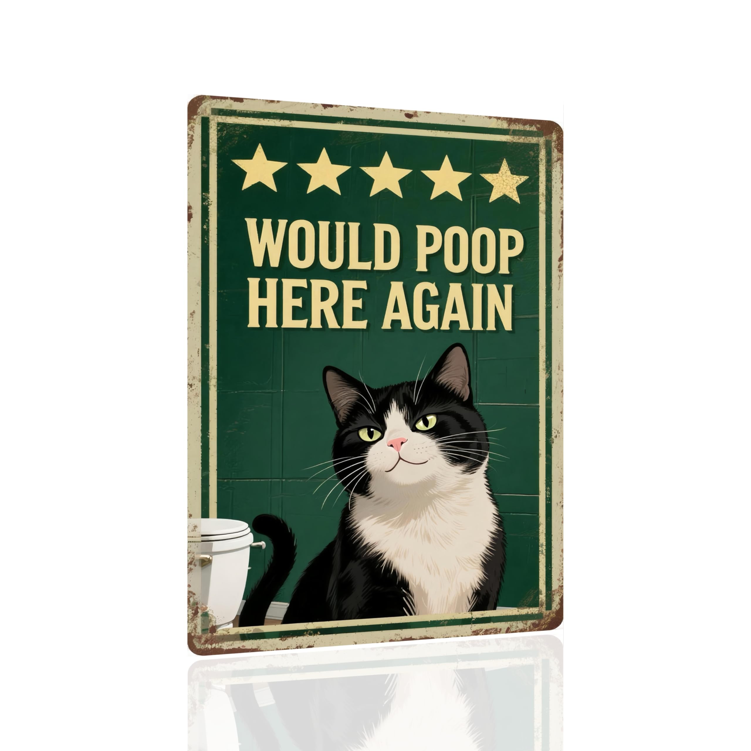 Funny Cat Bathroom Metal Sign – “Would Poop Here Again” Retro Tin Wall Art, 8x12 Inch Vintage Bathroom Decor for Cat Lovers, Restroom, Home, or Bar – Humorous Pet Wall Sign