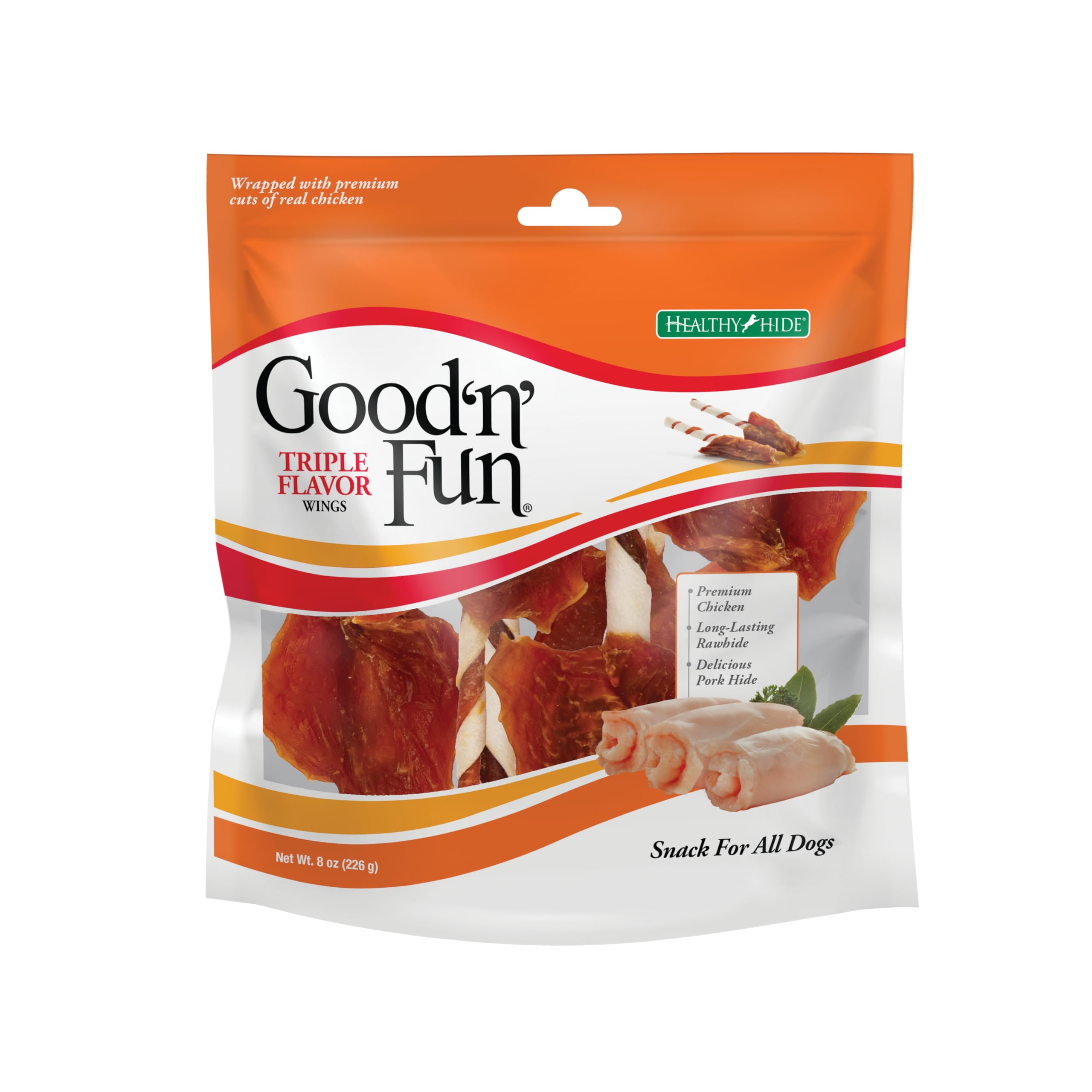 Good ‘n’ Fun Triple Flavor Wings Chews for All Dogs, Treat Your Dog to Long-Lasting Chews Made with Chicken, Beef Hide and Pork Hide, 8 oz