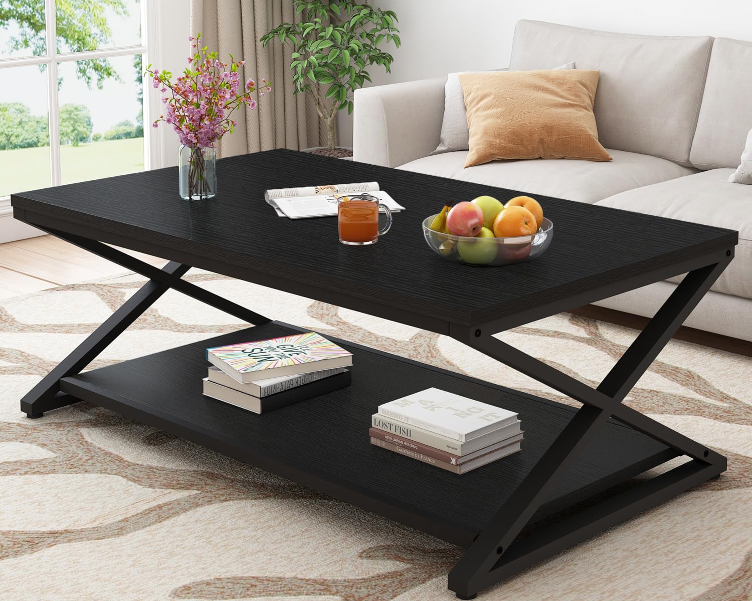 HSH Rustic Coffee Table with Storage Shelf, Industrial Metal Wood Living Room Table, Farmhouse Minimalist Rectangle Center Table, Vintage Simple 2 Tier Cocktail Tea Table, Rustic Brown, 47 Inch