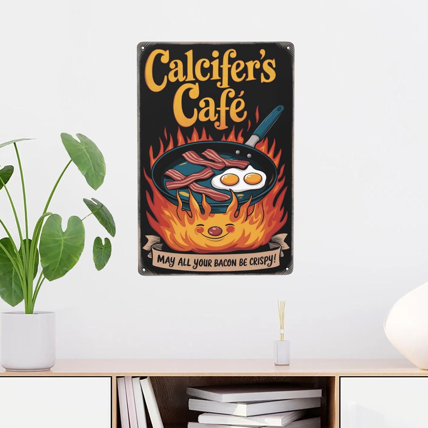 8x12 Inch Metal Sign Featuring Elegant Calcifers Cafe May All Your Bacon Be Crispy Funny Anime Kitchen Sign Decor With Distinctive Artistic Fonts For Residential Living Display