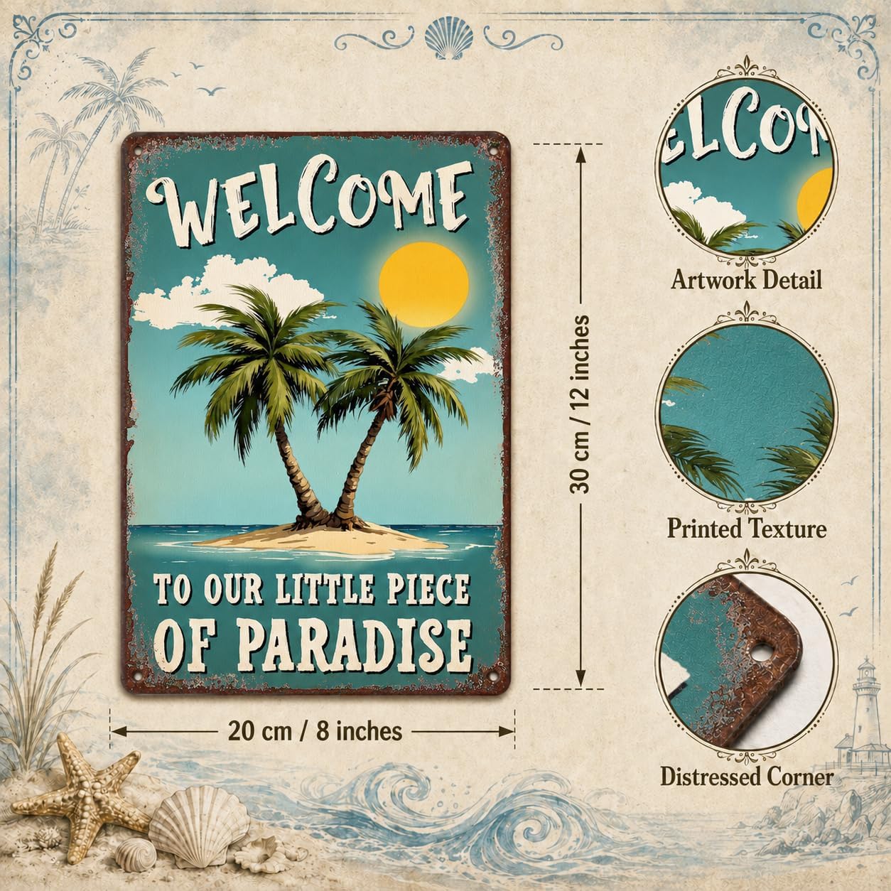 Tropical Paradise Welcome Tin Sign - Metal 12x8 Inch Coastal Rustic Wall Art for Beach House, Patio, Garden, Gift for Vacation Home Owners