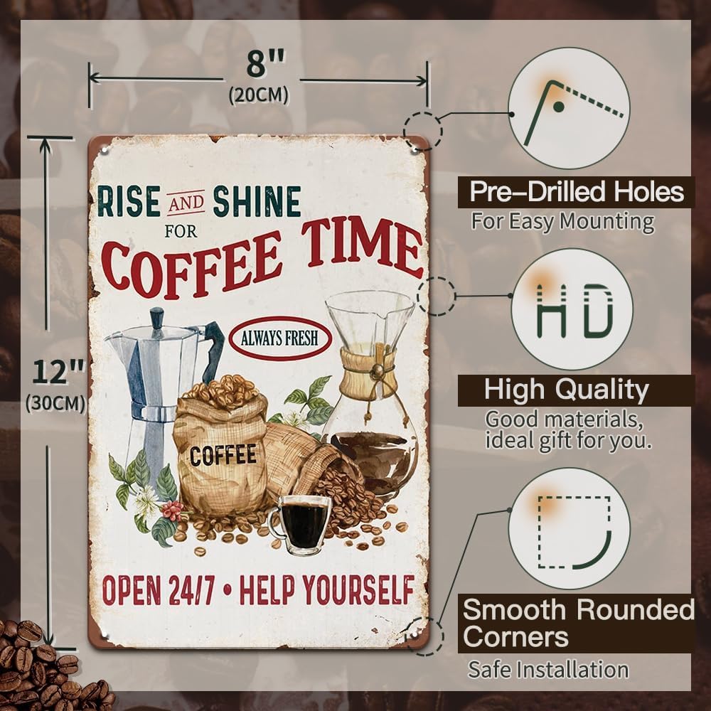 YOYI ART Rise and Shine Coffee Sign - Rustic Vintage Metal Tin Wall Decor for Kitchen, Bar, Station - Gift for Coffee Lovers, 8 x 12 Inch
