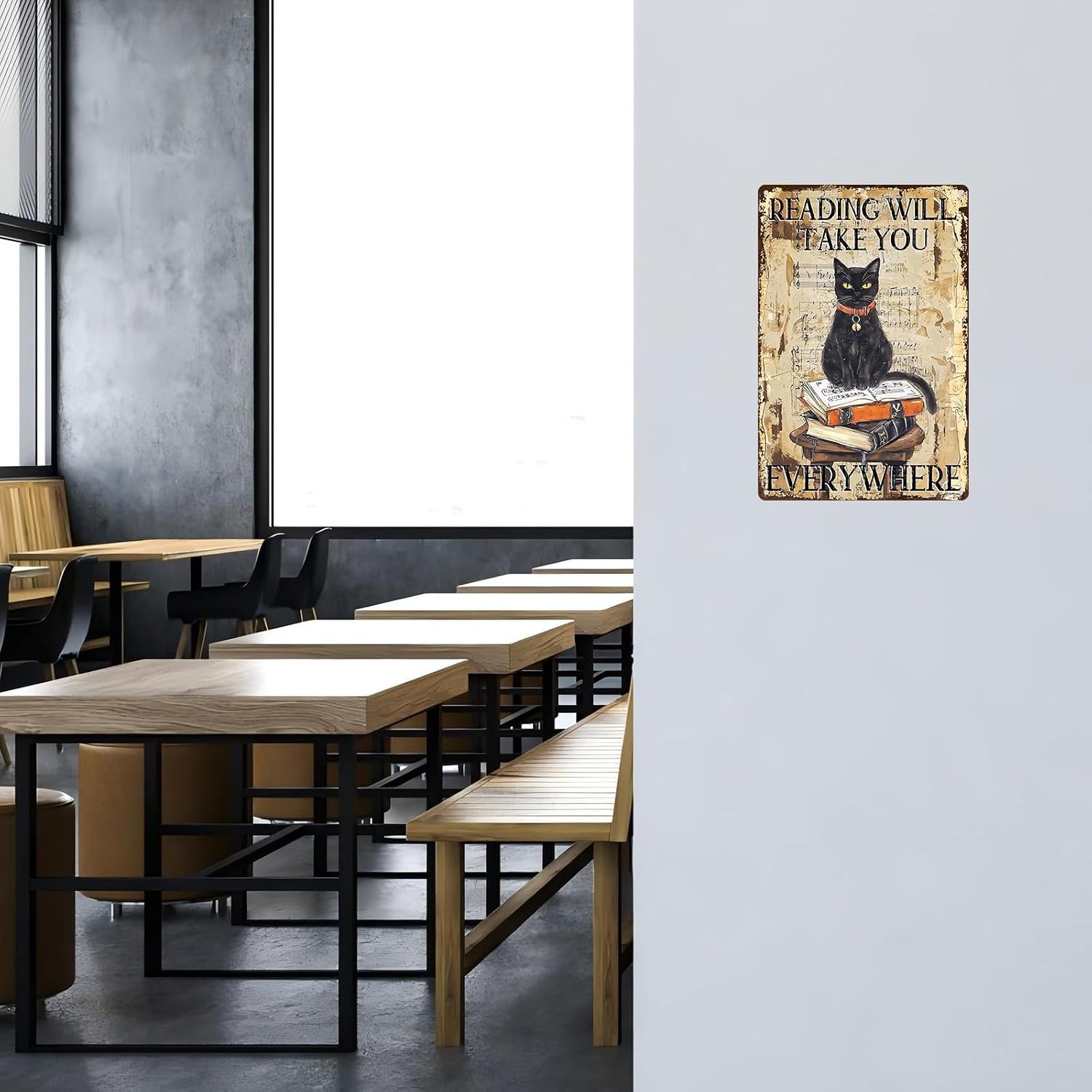 Black Cat Reading Vintage Metal Sign Reading Will Take You Everywhere Retro Wall Decor for Library Book Home Bedroom Office Decoration 8x12inch