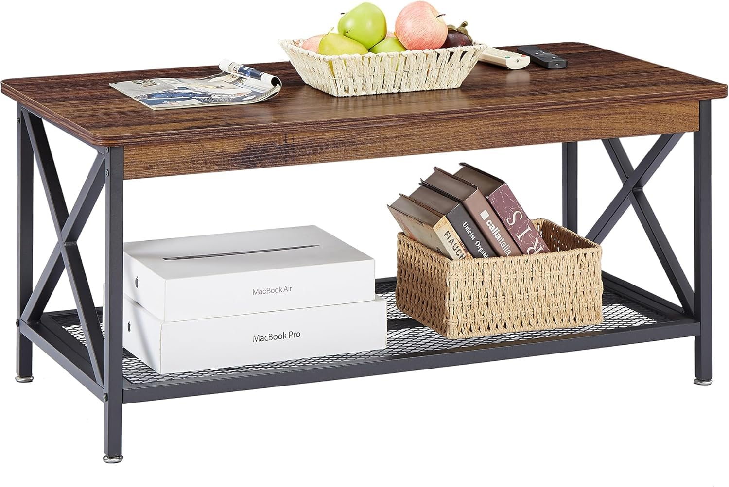 VECELO Coffee Table with 2-Tier Storage Shelf X-Frame for Living Room, Office Industrial Style,Easy Assembly, 39 inch Gold