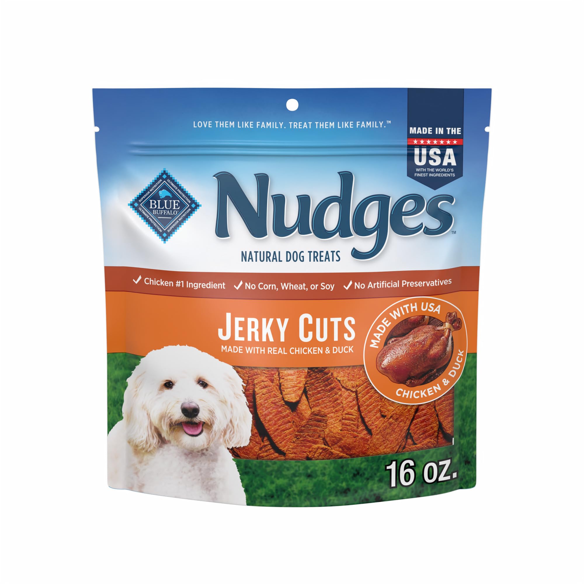 Blue Buffalo Nudges Chicken Jerky Bites Natural Dog Treats, Tender & Meaty Dog Snacks, Healthy Reward or Training Treat, Made in the USA with Real Chicken, No Artificial Preservatives, 16 oz.