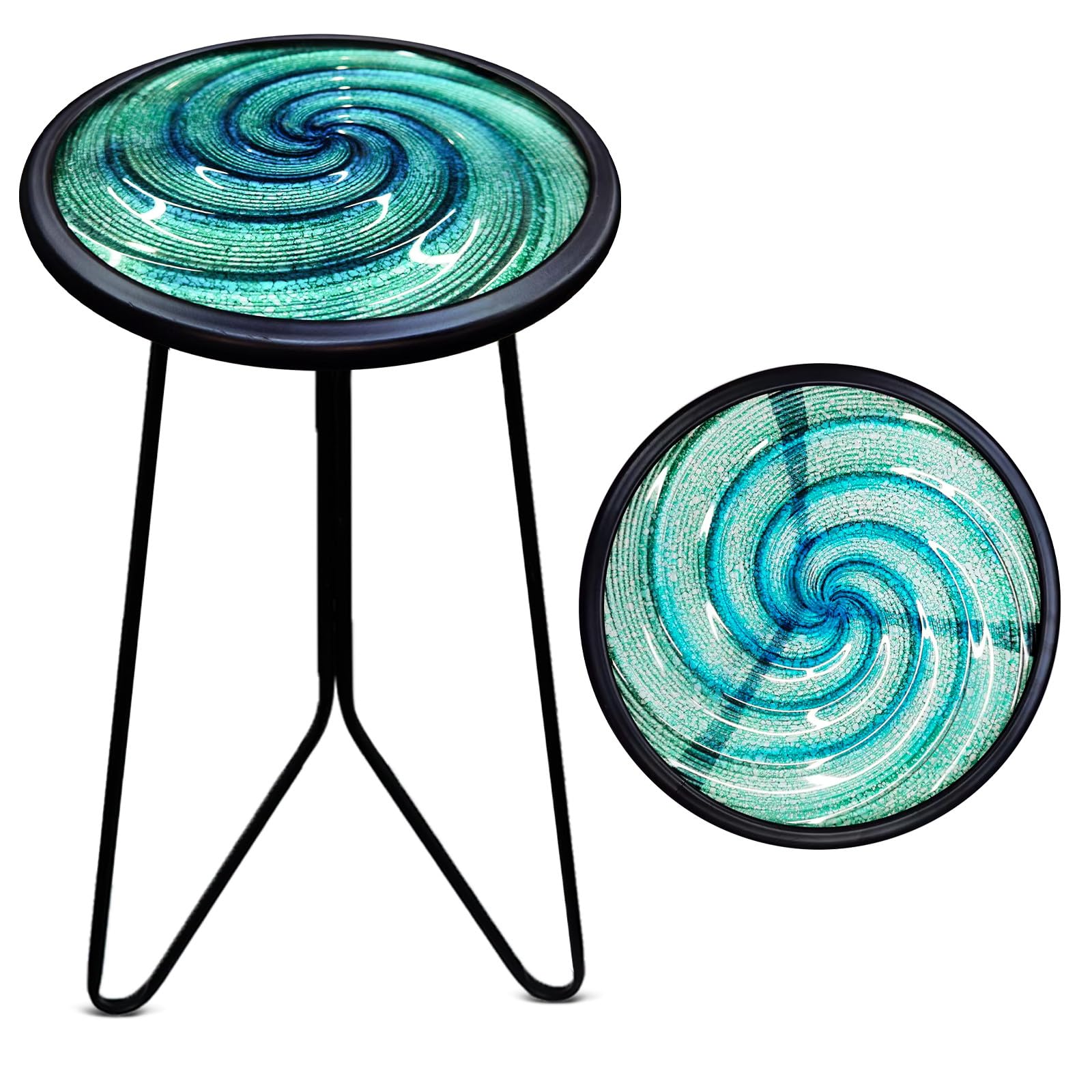 LIFFY Patio Side Table, Small Round End Table, Metal Side Table Outdoor, Small Porch Table for Indoor Balcony Furniture Decor (Blue Glass 12inch)